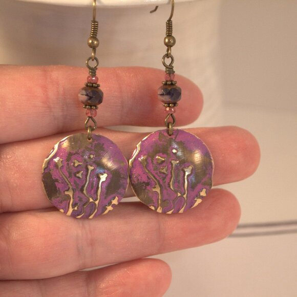 Brass Hand Embossed Earrings Purple Czech Glass Earrings Patina Brass Earrings - Picture 3 of 7